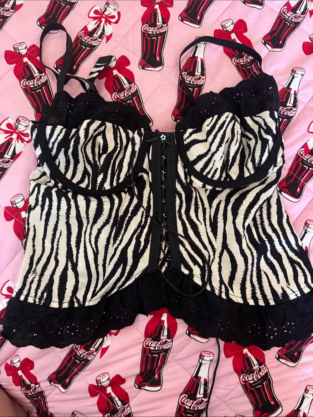 Zebra Print Lace-Trim Bustier Top - Black & White